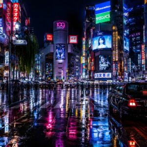 Obraz na plátno – Noční Shibuya v dešti
