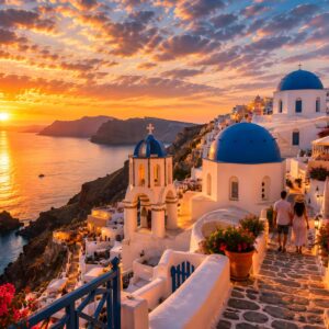 Obraz na plátno – Procházka u moře na Santorini