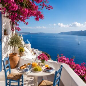 Obraz na plátno – Ráno na terase ostrova Santorini