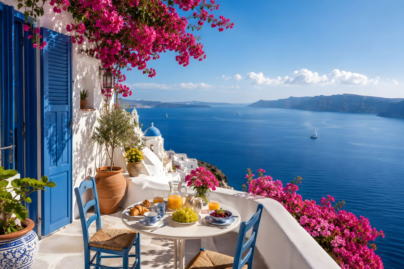 Obraz na plátno – Ráno na terase ostrova Santorini