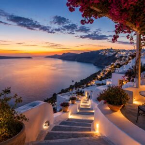Obraz na plátno – Večerní schody ostrova Santorini