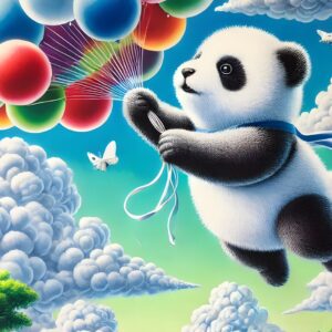 Obraz na plátno – Panda na balónkové výpravě