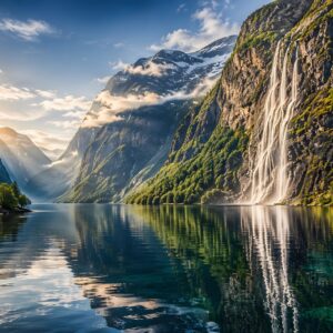 Obraz na plátno – Vodopád nad tichým fjordem