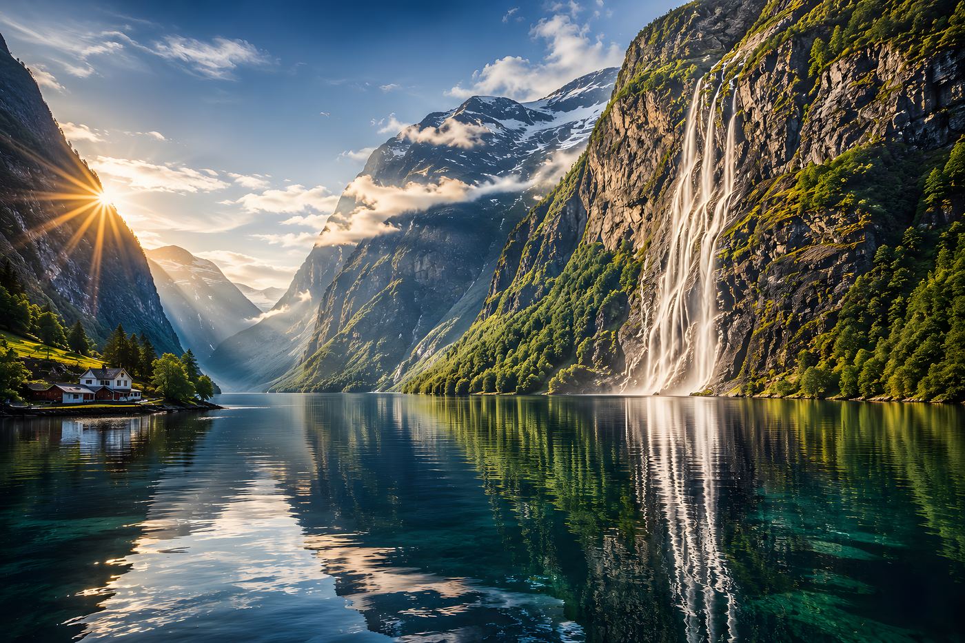 Obraz na plátno – Vodopád nad tichým fjordem