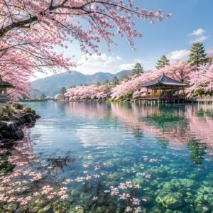 Obraz na plátno – Jezero sakur v japonské zahradě