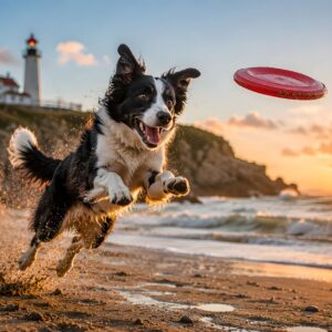 Obraz na plátno – Border kolie s frisbee u majáku