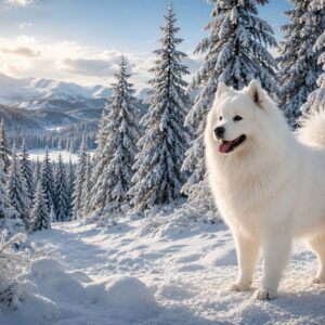 Obraz na plátno – Samojed v zasněžených horách