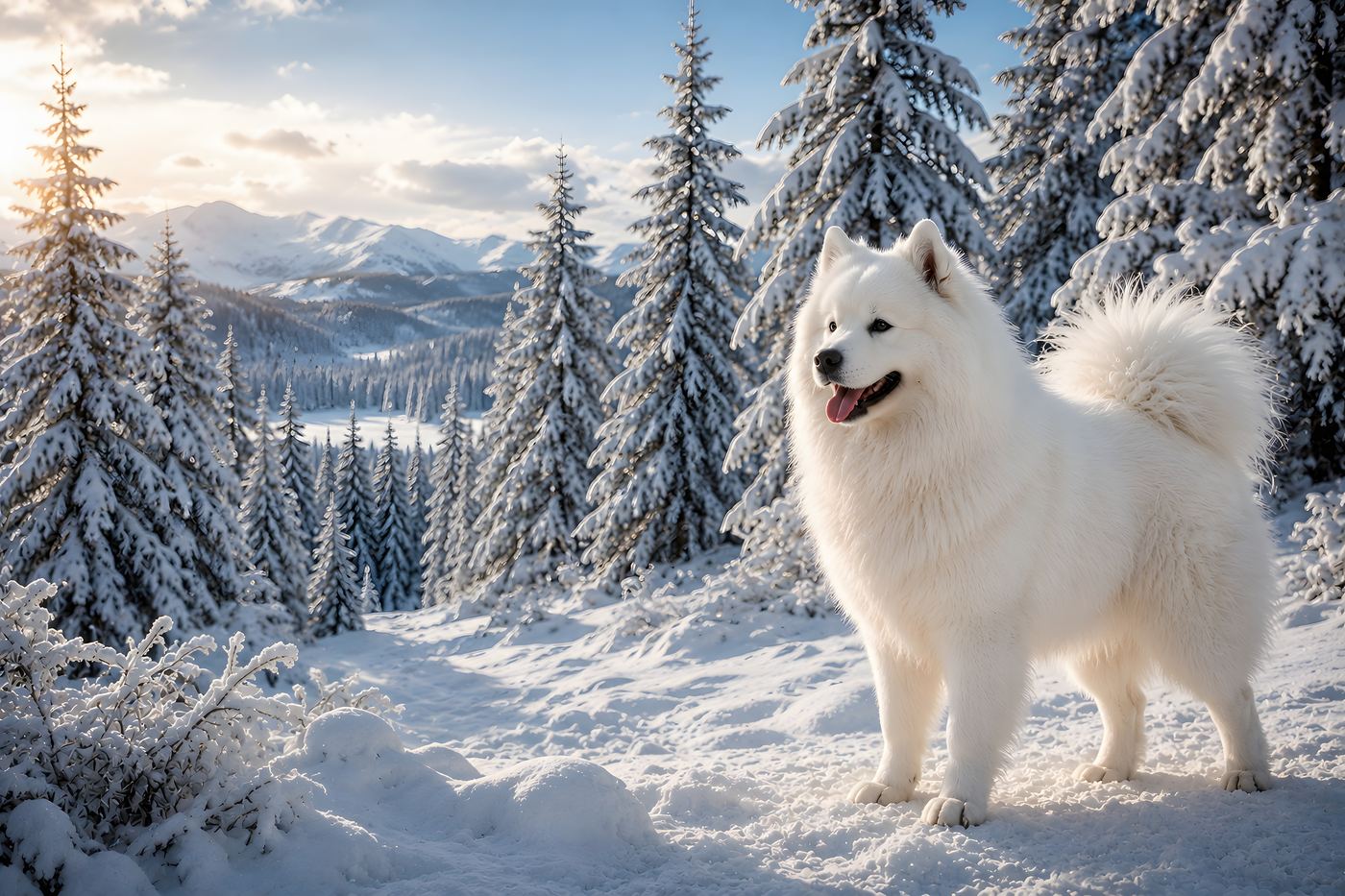 Obraz na plátno – Samojed v zasněžených horách