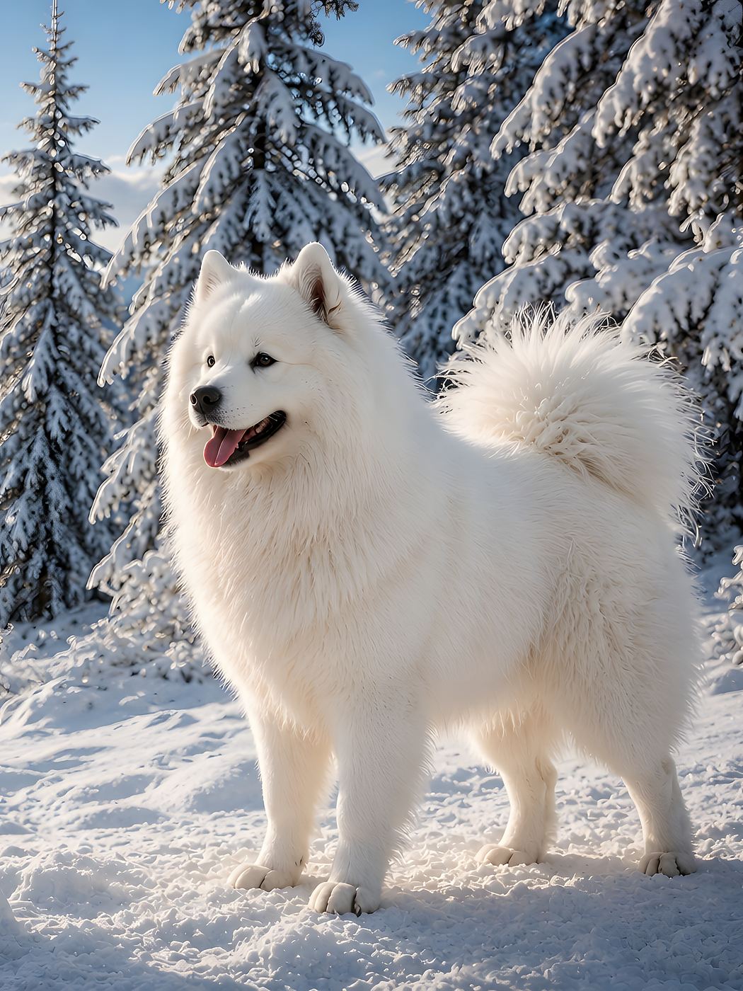 Obraz na plátno – Samojed v zasněžených horách