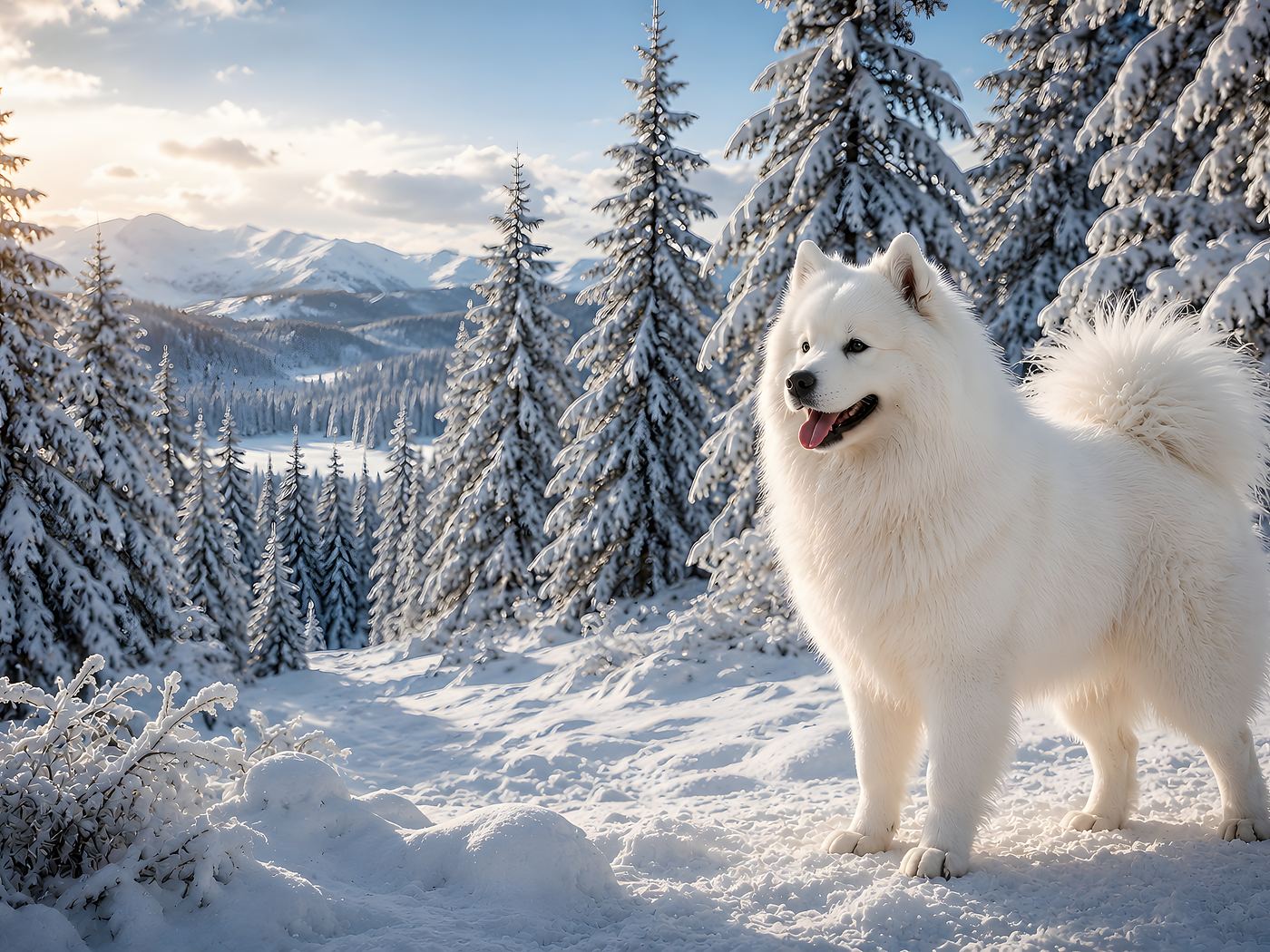 Obraz na plátno – Samojed v zasněžených horách - Obrázek 3