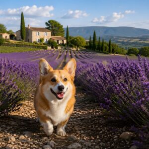 Obraz na plátno – Corgi v levandulovém poli