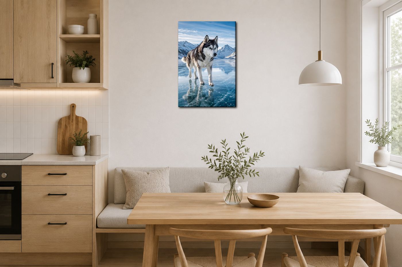 Obraz na plátno – Husky na zamrzlém horském jezeře - Obrázek 24
