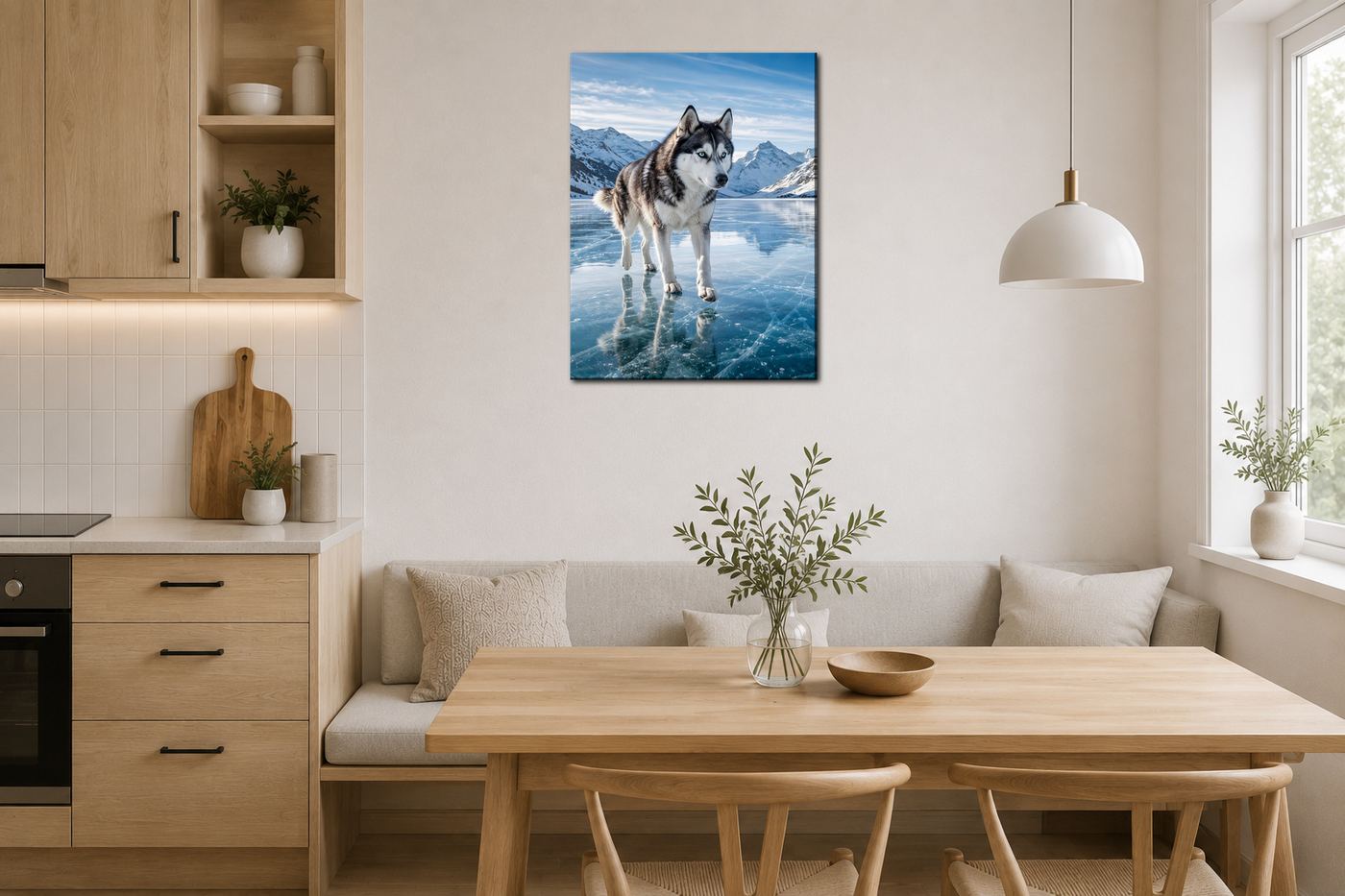 Obraz na plátno – Husky na zamrzlém horském jezeře - Obrázek 33