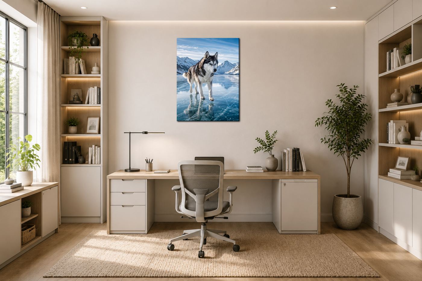 Obraz na plátno – Husky na zamrzlém horském jezeře - Obrázek 35