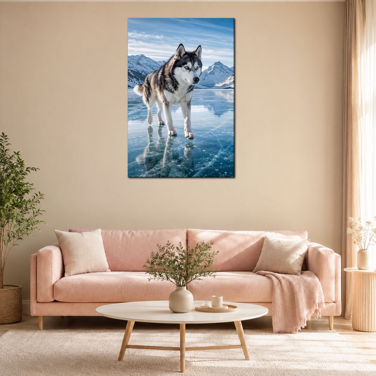 Obraz na plátno – Husky na zamrzlém horském jezeře - Obrázek 40