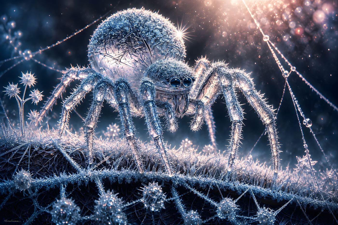 Obraz na plátno – Sněžná tarantule v třpytivé mlze