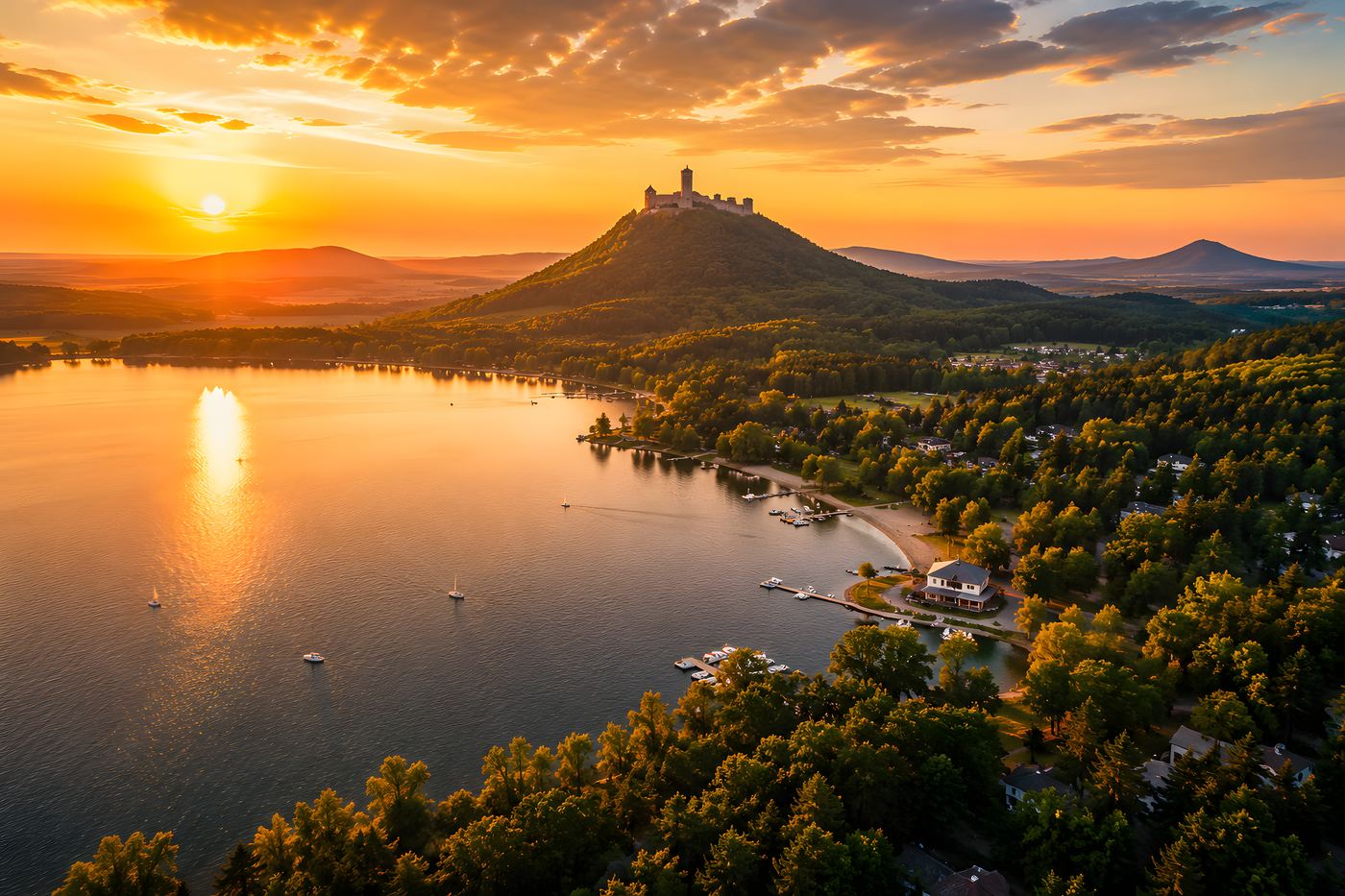 Obraz na plátno – Hrad na kopci při západu slunce