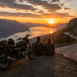 Obraz na plátno – Motorkářský západ slunce nad jezerem