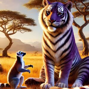 Obraz na plátno – Bílý tygr a zvědavý lemur v savaně