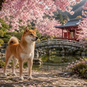 Obraz na plátno – Shiba inu pod rozkvetlými sakurami