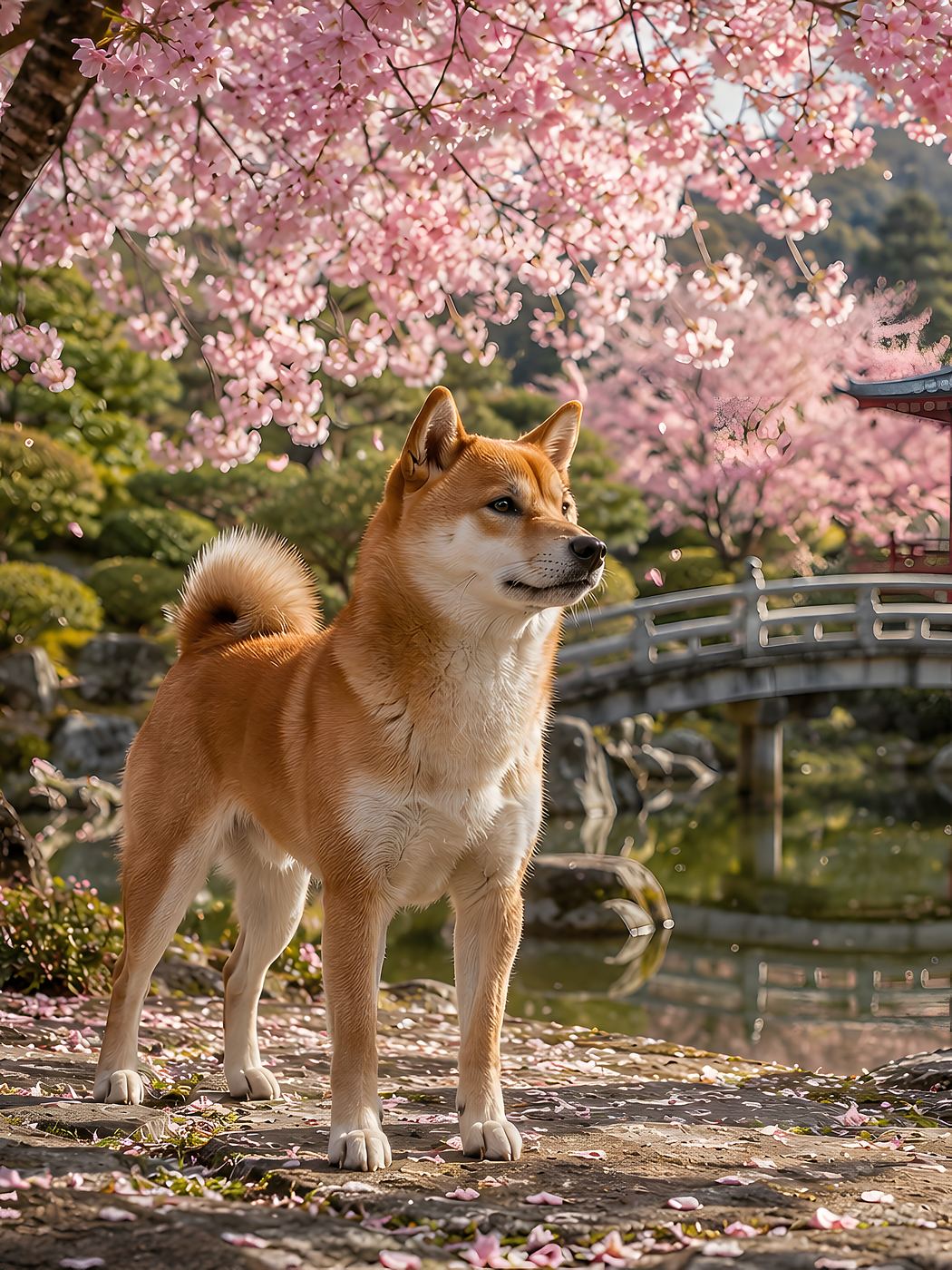 Obraz na plátno – Shiba inu pod rozkvetlými sakurami