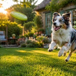 Obraz na plátno – Australský ovčák s frisbee na zahradě