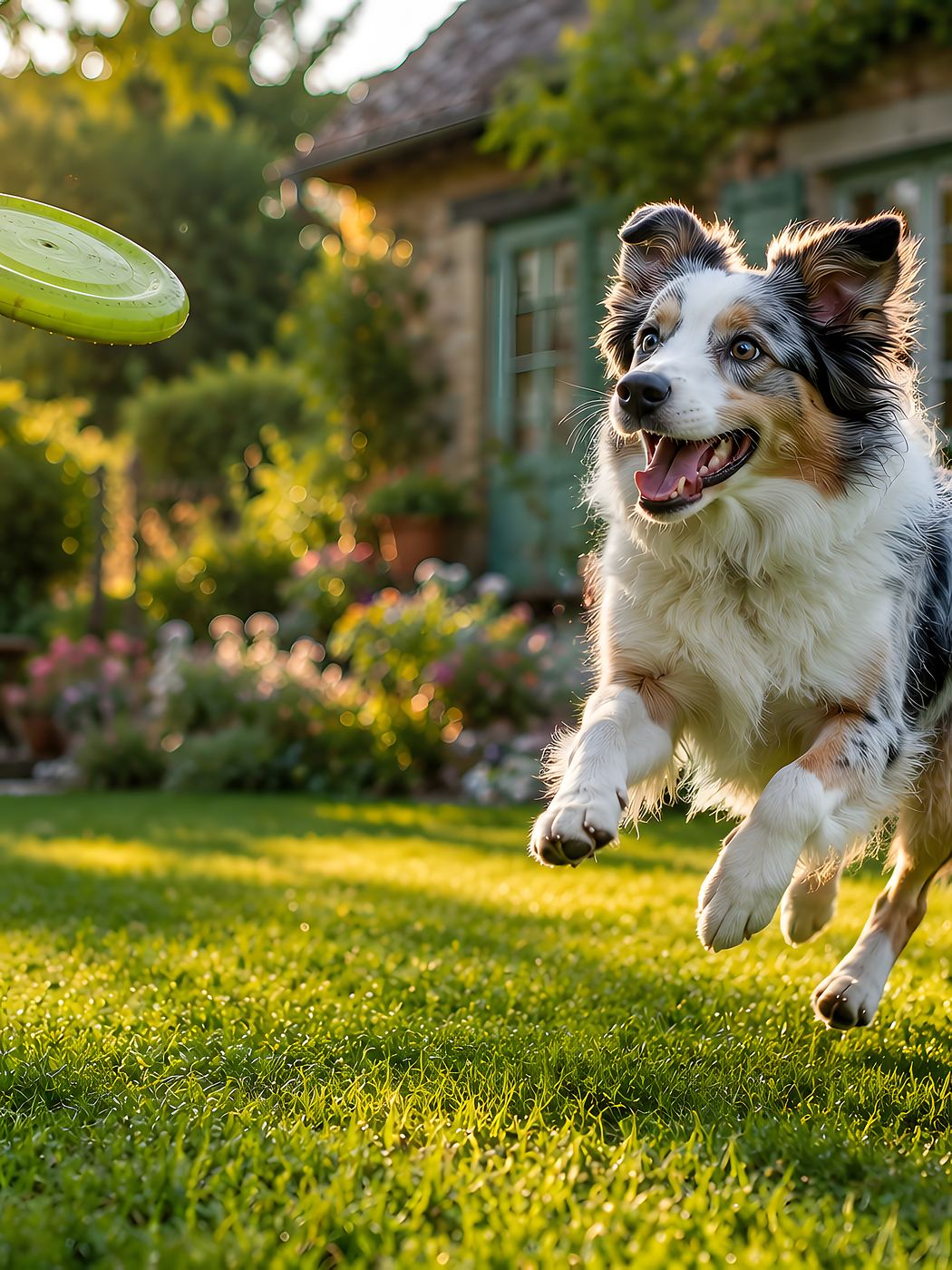 Obraz na plátno – Australský ovčák s frisbee na zahradě