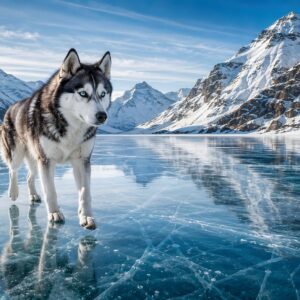 Obraz na plátno – Husky na zamrzlém horském jezeře