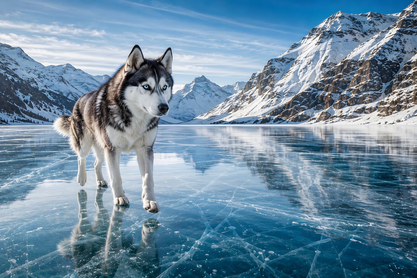 Obraz na plátno – Husky na zamrzlém horském jezeře