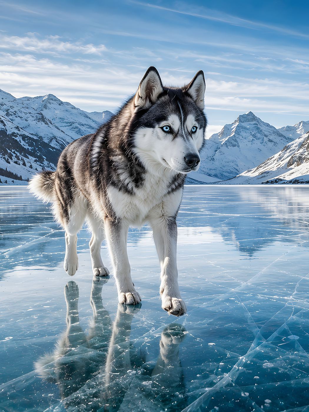Obraz na plátno – Husky na zamrzlém horském jezeře