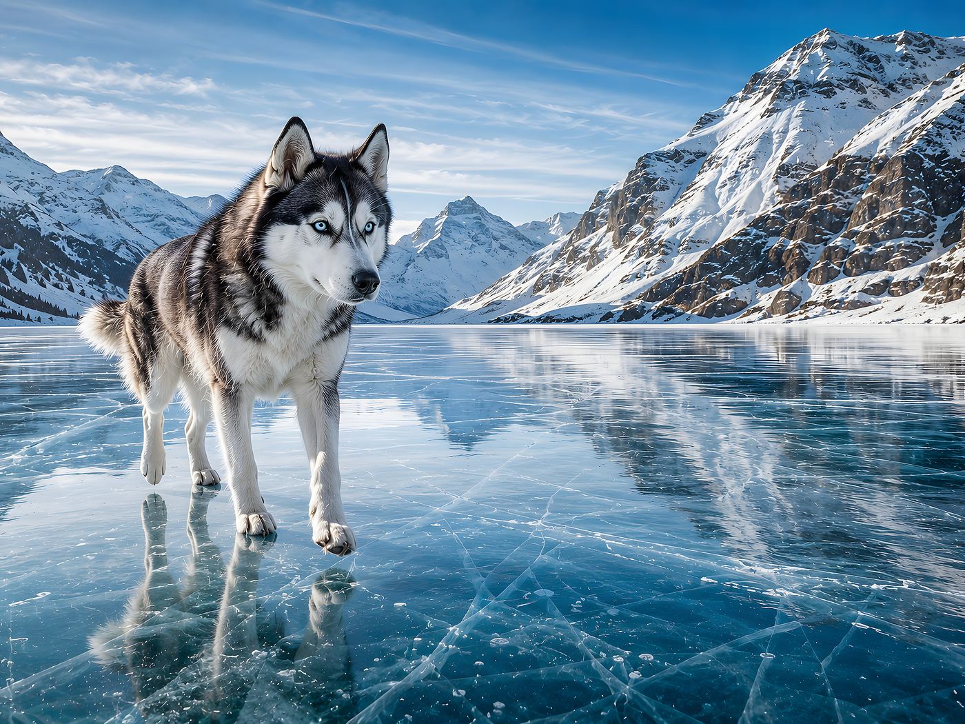 Obraz na plátno – Husky na zamrzlém horském jezeře - Obrázek 3