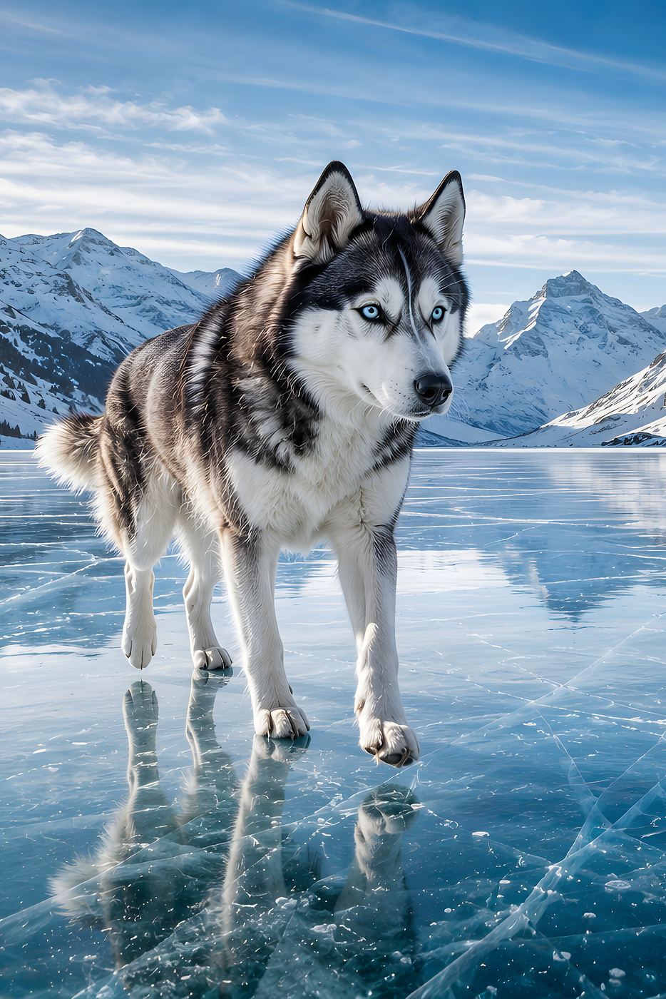 Obraz na plátno – Husky na zamrzlém horském jezeře - Obrázek 4