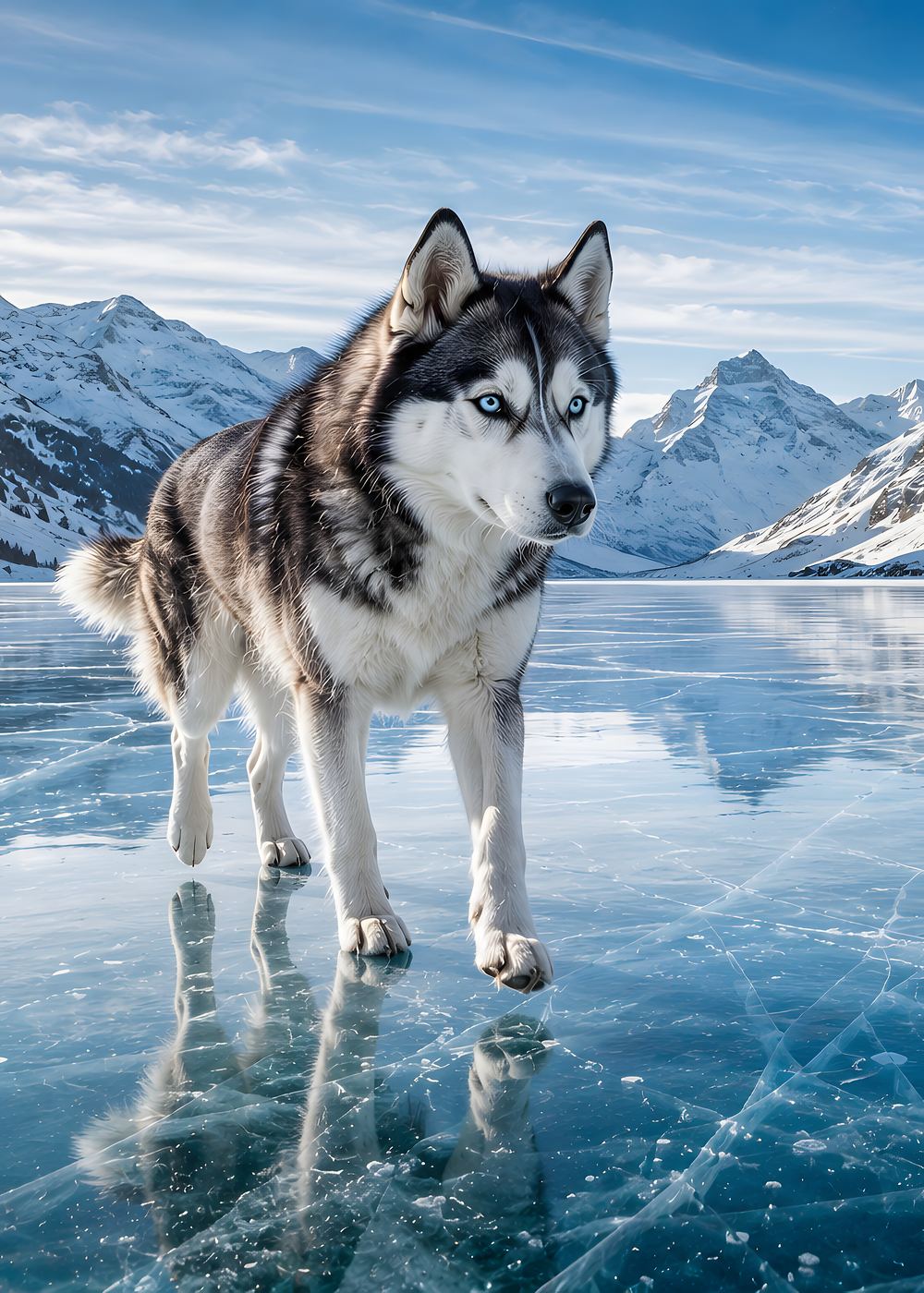 Obraz na plátno – Husky na zamrzlém horském jezeře - Obrázek 5