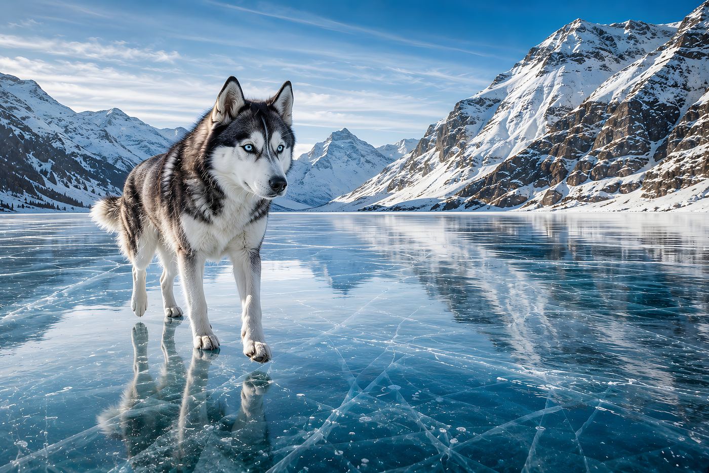 Obraz na plátno – Husky na zamrzlém horském jezeře - Obrázek 6