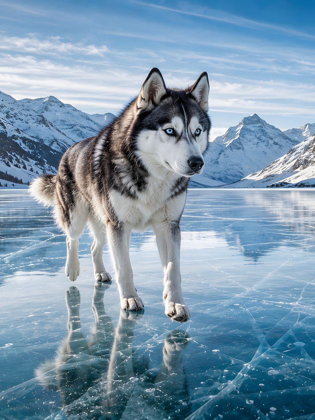 Obraz na plátno – Husky na zamrzlém horském jezeře - Obrázek 7