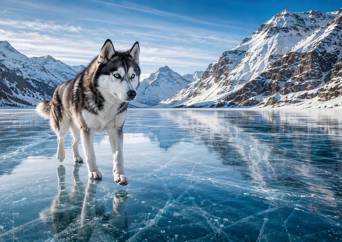 Obraz na plátno – Husky na zamrzlém horském jezeře - Obrázek 12
