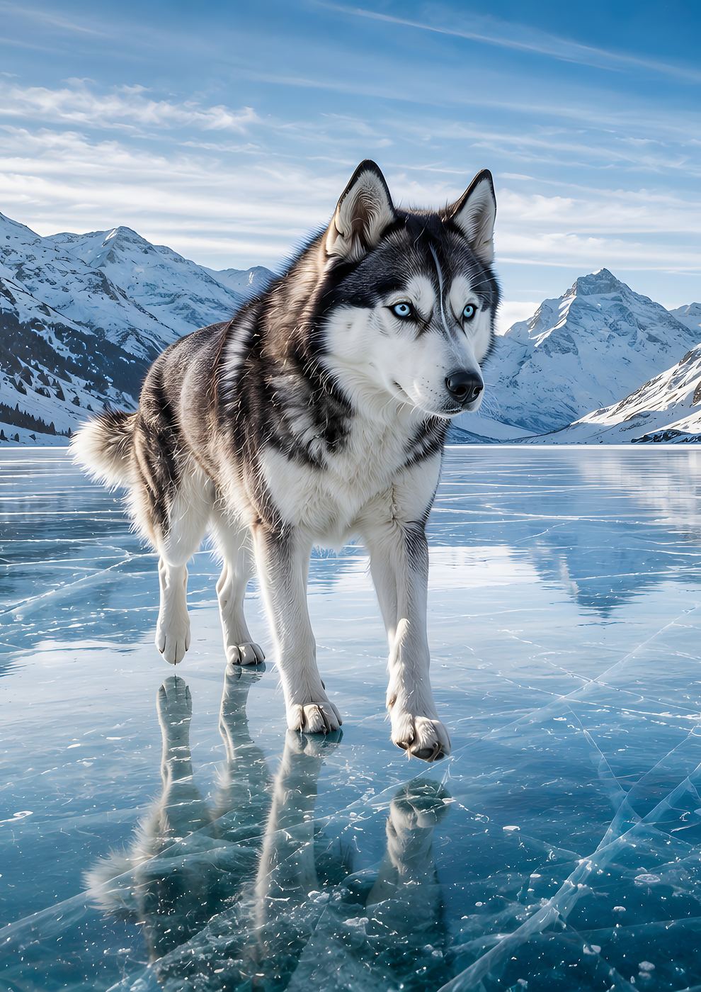 Obraz na plátno – Husky na zamrzlém horském jezeře - Obrázek 13